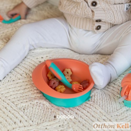  Baboo® jobb és bal kezes puha szilikon hajlítható kanál és villa szett., Barack, 6 hónapos kortól