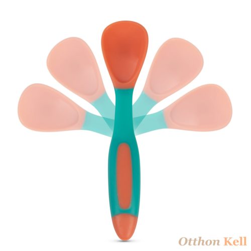  Baboo® jobb és bal kezes puha szilikon hajlítható kanál és villa szett., Barack, 6 hónapos kortól