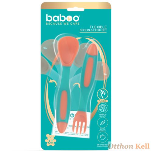  Baboo® jobb és bal kezes puha szilikon hajlítható kanál és villa szett., Barack, 6 hónapos kortól