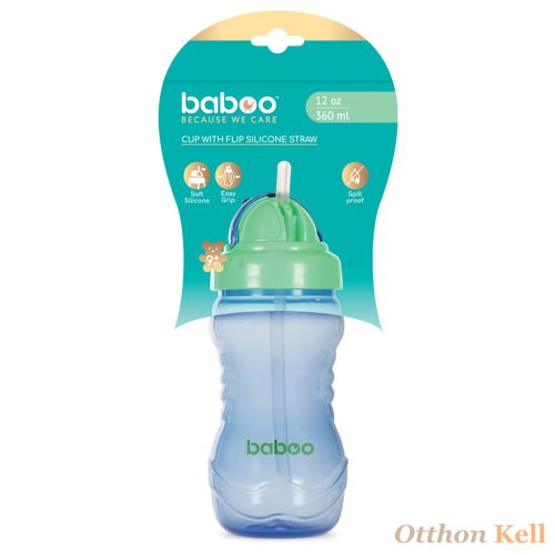 BABOO® Itatópohár szilikon szívószállal, 360 ml, kék, 9+ hónapos kortól