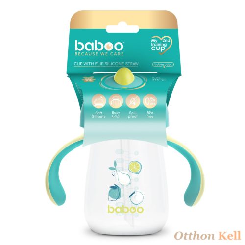 BABOO® Csöpögésmentes itatópohár szilikon szívószállal, 260 ml, Lagoon Fiesta, zöld színű, 9+ hónapos kortól