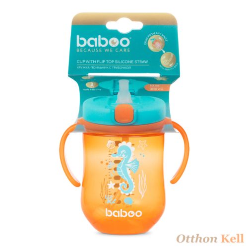 BABOO® Súlyozott szívószálas itatópohár (szilikon szívószállal), 300 ml, Sea Life, narancssárga, 9+ hónapos kortól